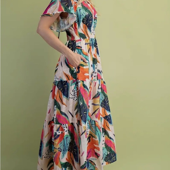 Vibrant Tropical Print Smocked Waist Boho Midi Dress - Picture 4 of 7